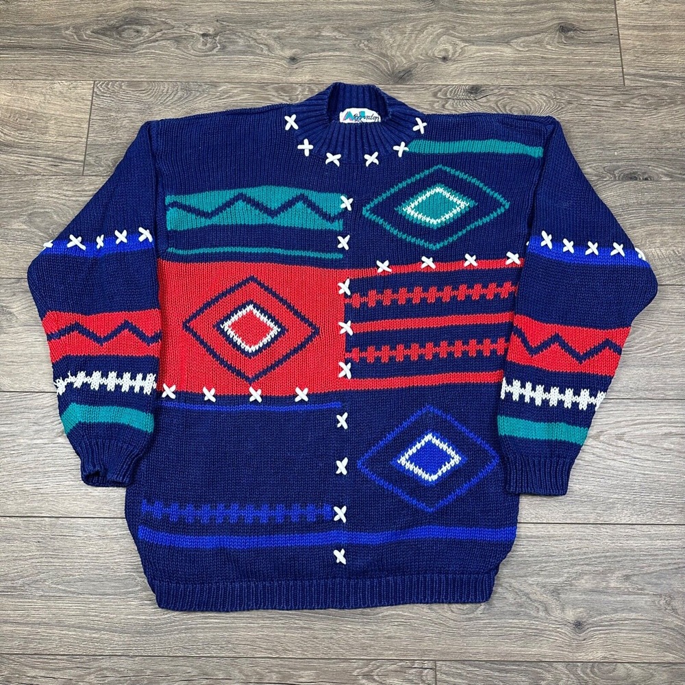 Vintage AJ Brandon Sweater Adult Medium Navy Blue Red Chunky Knit